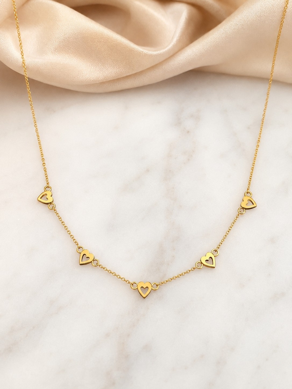 14K Gold Plated Heart Station Necklace - Elegant Women's Jewelry